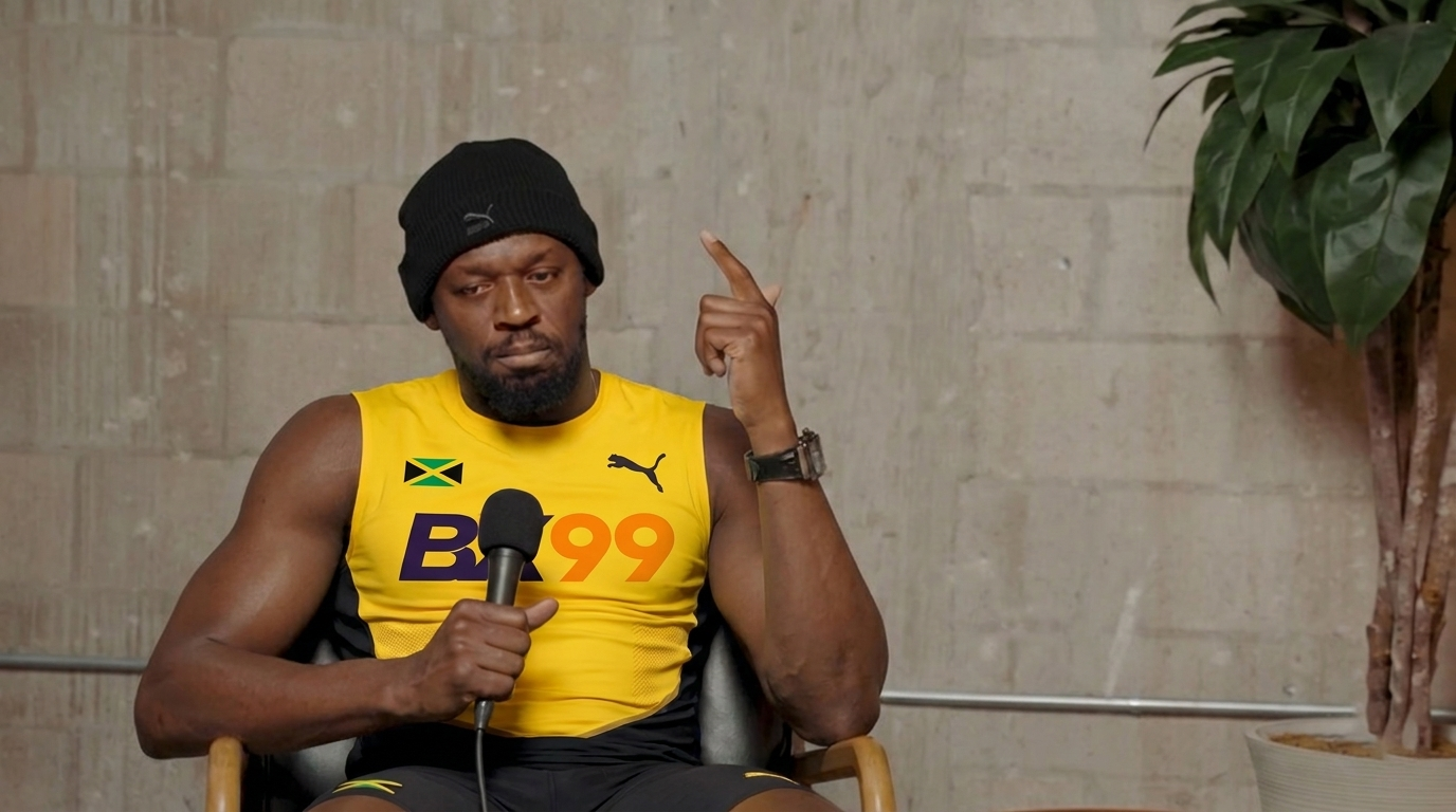 Behind the scenes with BX99 26/27 Global Brand Ambassador Usain Bolt smiling in his official BX99 yellow jersey