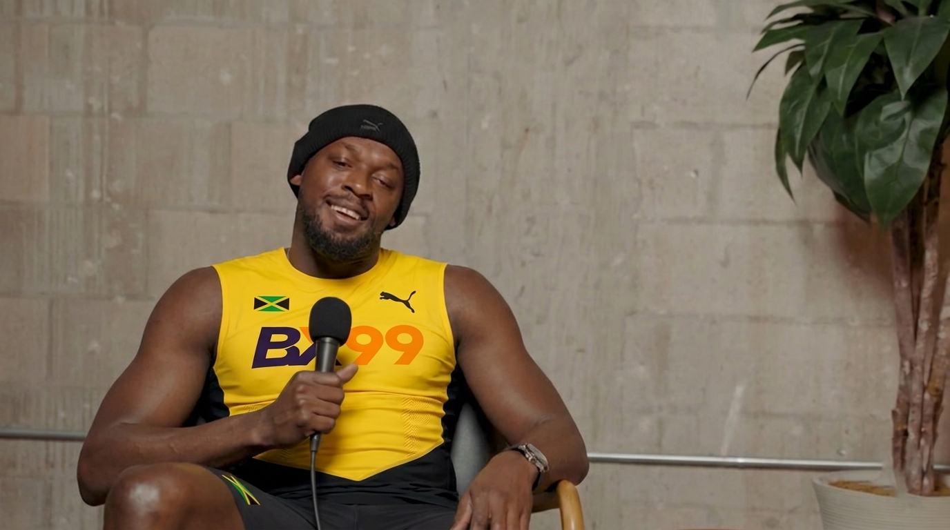 BX99 26/27 Global Brand Ambassador Usain Bolt laughing during an exclusive behind-the-scenes interview