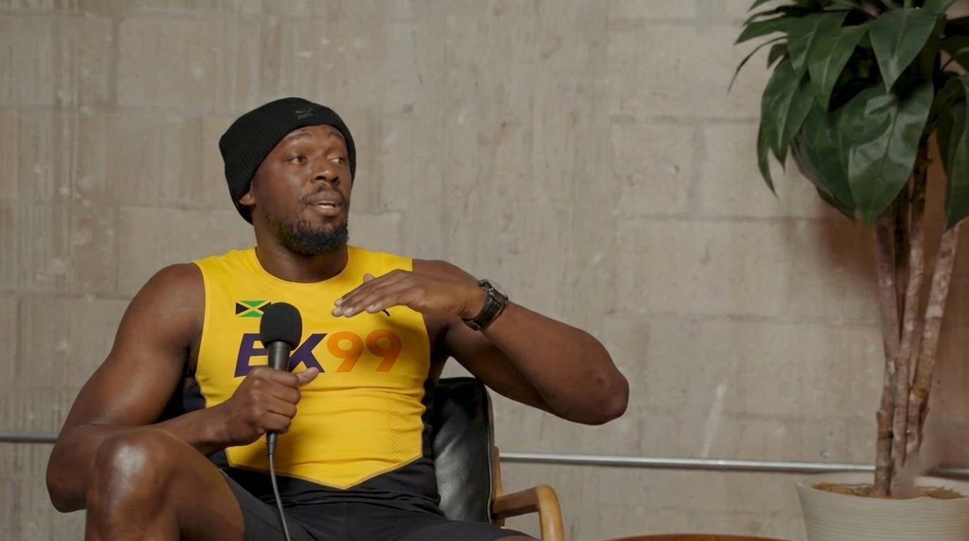 BX99 26/27 Global Brand Ambassador Usain Bolt holding a script during his behind-the-scenes promotional shoot