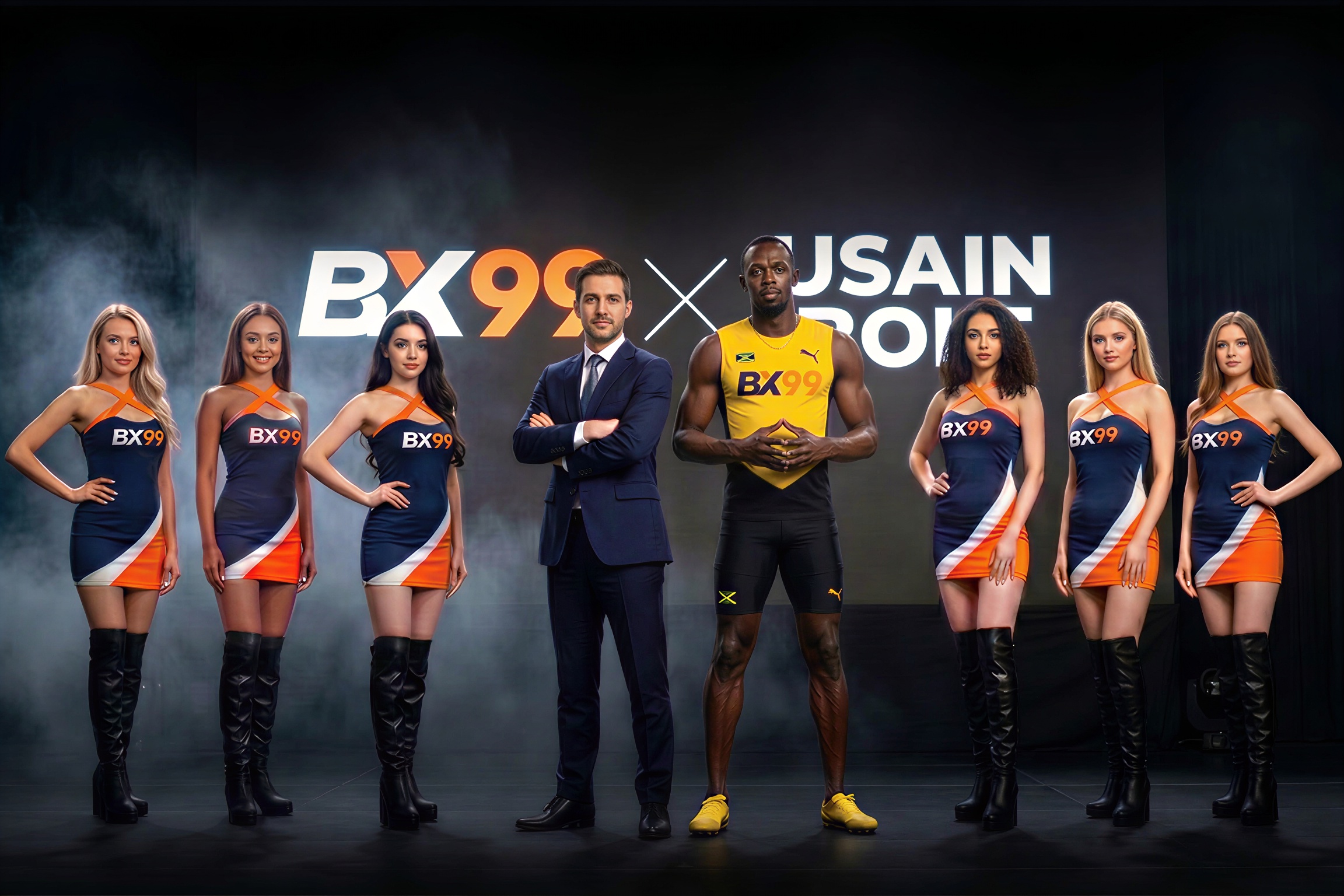 BX99 x Usain Bolt official global partnership hero banner featuring the brand ambassador and BX99 representatives