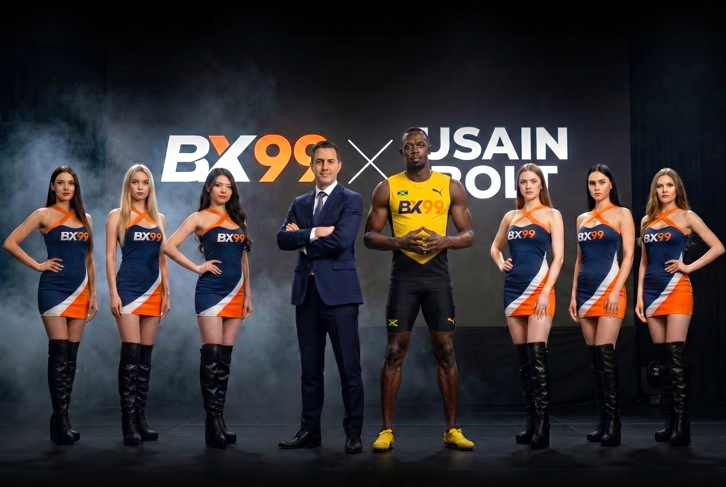 BX99 x Usain Bolt official global partnership hero banner featuring the brand ambassador and BX99 representatives